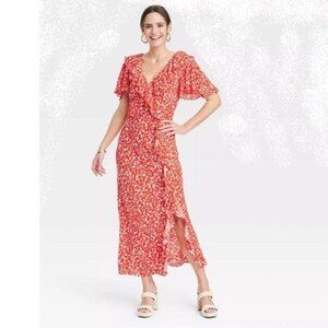 A New Day Ruffle Short Sleeve Maxi Dress   Size Large   NWT   Red & White Floral